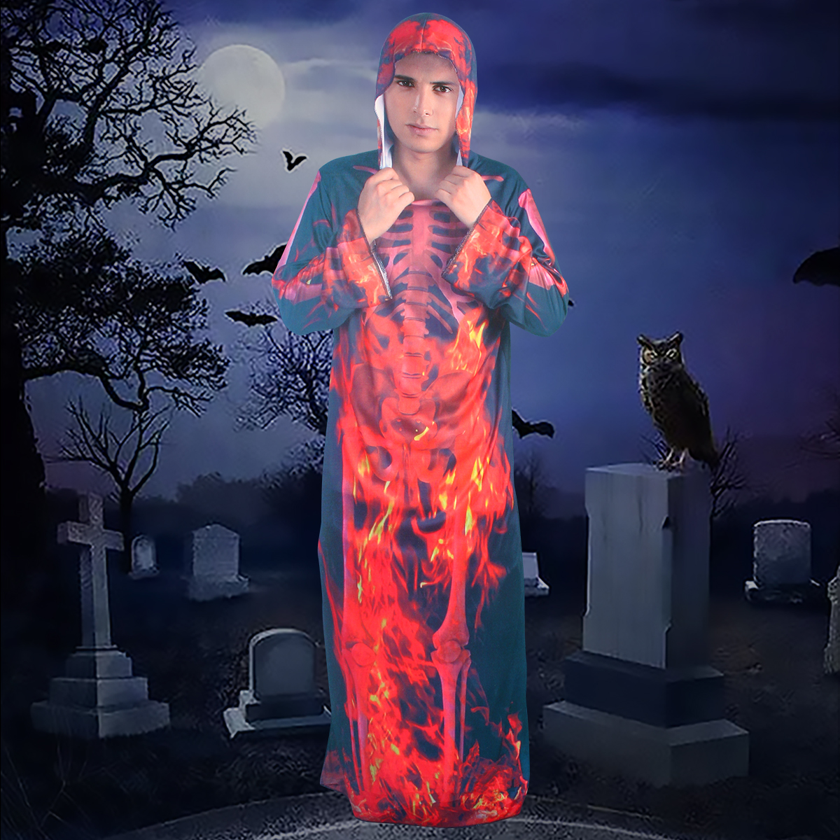 Men Horror Skeleton Gown Halloween Flame Robe Skeleton Costume